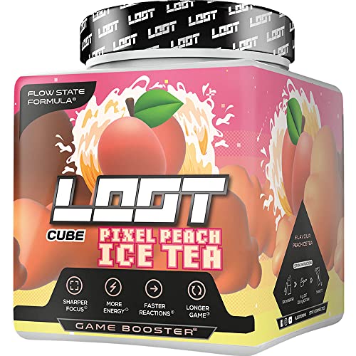 LOOT®   Potenciador de juego premium con la fórmula Flow State® | 50 porciones (400g) con cafeína | 20 ingredientes activos de alta dosis | Reactividad de la concentración | Pixel Peach