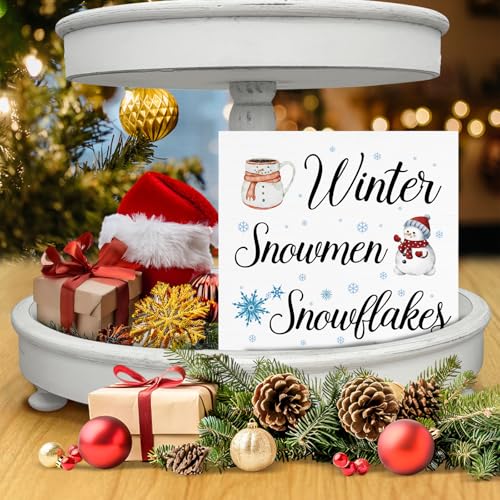 Image of Winter Decor, Snowflake Snowmen Wood Box Sign, Winter Wonderland Christmas Home Office Decorations for Desk Table Shelf 5 X 5 Inches