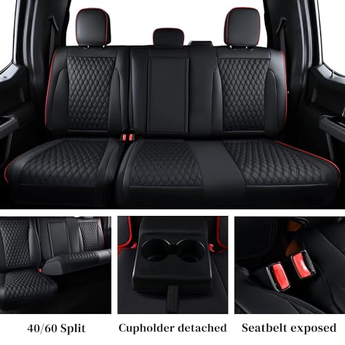 Image of Coverado Full Set Leather Car Seat Covers for F150,Waterproof Automotive Seat Covers for Cars,SUVs,Pickup Trucks,Compatible with 2015-2026 F150 SuperCrew,2017-2026 F250 F350 F450 Crew Cab, Black /Red