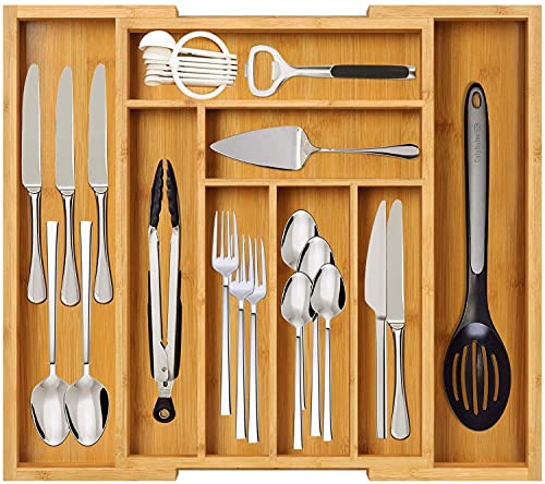 Bamboo Expandable Drawer Organizer for Utensils Holder,Adjustable Cutlery Tray, Wood Drawer Dividers Organizer for Silverware, Flatware, Knives in Kitchen, Bedroom, Living Room