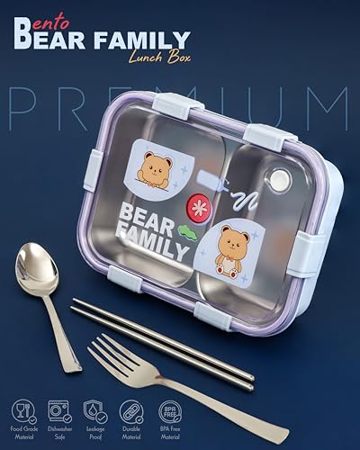 Image of Brand Conquer Lunch Box Leak-Proof BPA Free Stainless Steel for School, Lunch Box for School & Office with a Fork, a Spoon and a Pair of Chopsticks (Purple, Bear Family 2 Compartment)