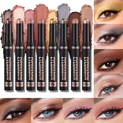 Set de 8 sombras de ojos en barra, lápiz de ojos cremoso marrón metalizado neutro brillante, iluminador de ojos resistente al agua y de larga duración, maquillaje iluminador (B)