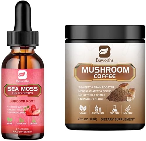 Miniatura 1 de B BEWORTHS Gotas líquidas de musgo marino, gel orgánico de musgo marino irlandés con suplemento de raíz de bardana + café de hongos, polvo de melena