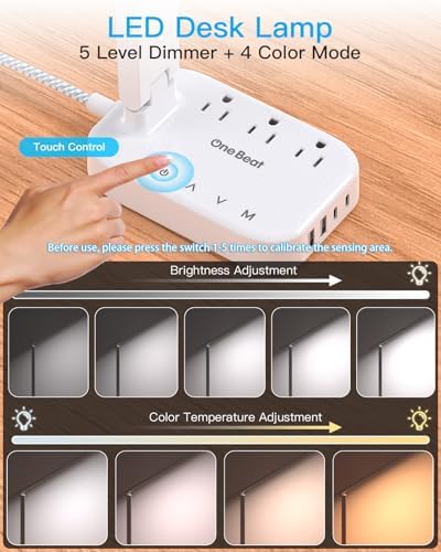 One Beat Small LED Desk Lamp Power Strip 5ft Extension Cord with 3 Outlets 4 USB Ports(2 USB C), 4 Modes, 5 Level Touch Lamp Study Reading Light, Home Office Bedroom College Dorm Room Essentials,White - 2