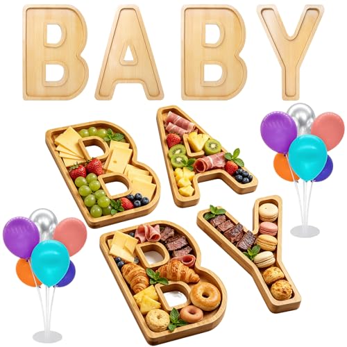 Image of 4PCS Baby Charcuterie Board Letters-(with 14 Balloons) Fillable Letter Food Serving Tray for Party Desserts Container Fruit Platter,Reusable for Baby Shower Gender Reveal Birthday Party Decor