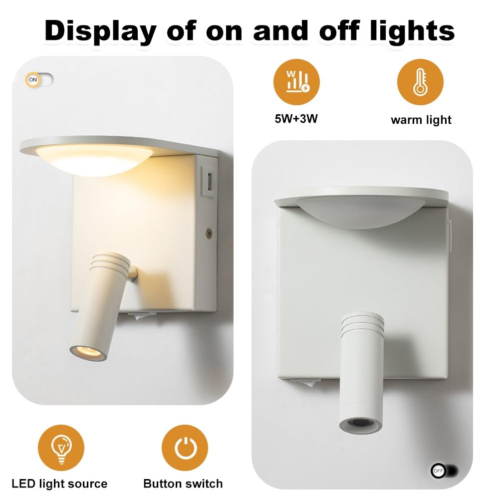 Jadssox Wandleuchte LED mit Schalter und USB-Anschluss - Drehbare Spotbeleuchtung 350°+90°, Warmweiß 3000K für Bettkopf, Nachttisch, Wohnzimmer und Schlafzimmer(White)