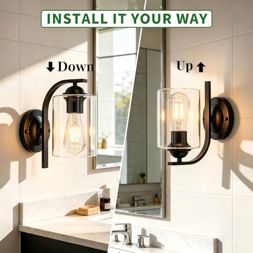 Image of 2-Pack Wall Sconces Lights Lamp for Bedroom Bathroom, Modern Vanity Light Fixtures, Black Farmhouse Wall Mount Lighting Lanterns with Clear Glass Shade for Living Room Mirror Hallway Kitchen