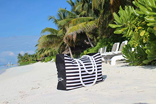 Beach-Tote-Bag-Large-Waterproof-Sandproof-with-YKK-Zippered-top-cotton-rope-handles-and-multiple-pockets-Black