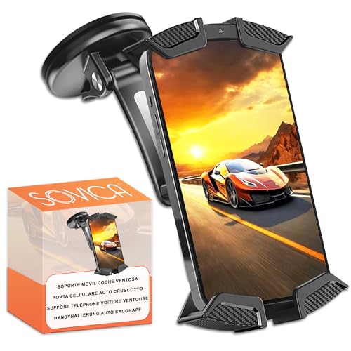 Soporte movil Coche Ventosa salpicadero Parabrisas rotacion 360º posicionamiento Horizontal y Vertical Ajuste Universal Compatible con Smartphones hasta 7,6' Facil Instalacion