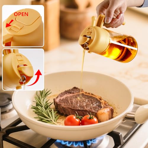 Image of SWEET VIEW Olive Oil Spray Bottle, 470ml 2 In 1 Glass Oil Dispenser /Pour & Sprayr Bottle, Kitchen Accessories, Kitchen Gadgets for Air Fryer, Salad, BBQ(Black) (Yellow)
