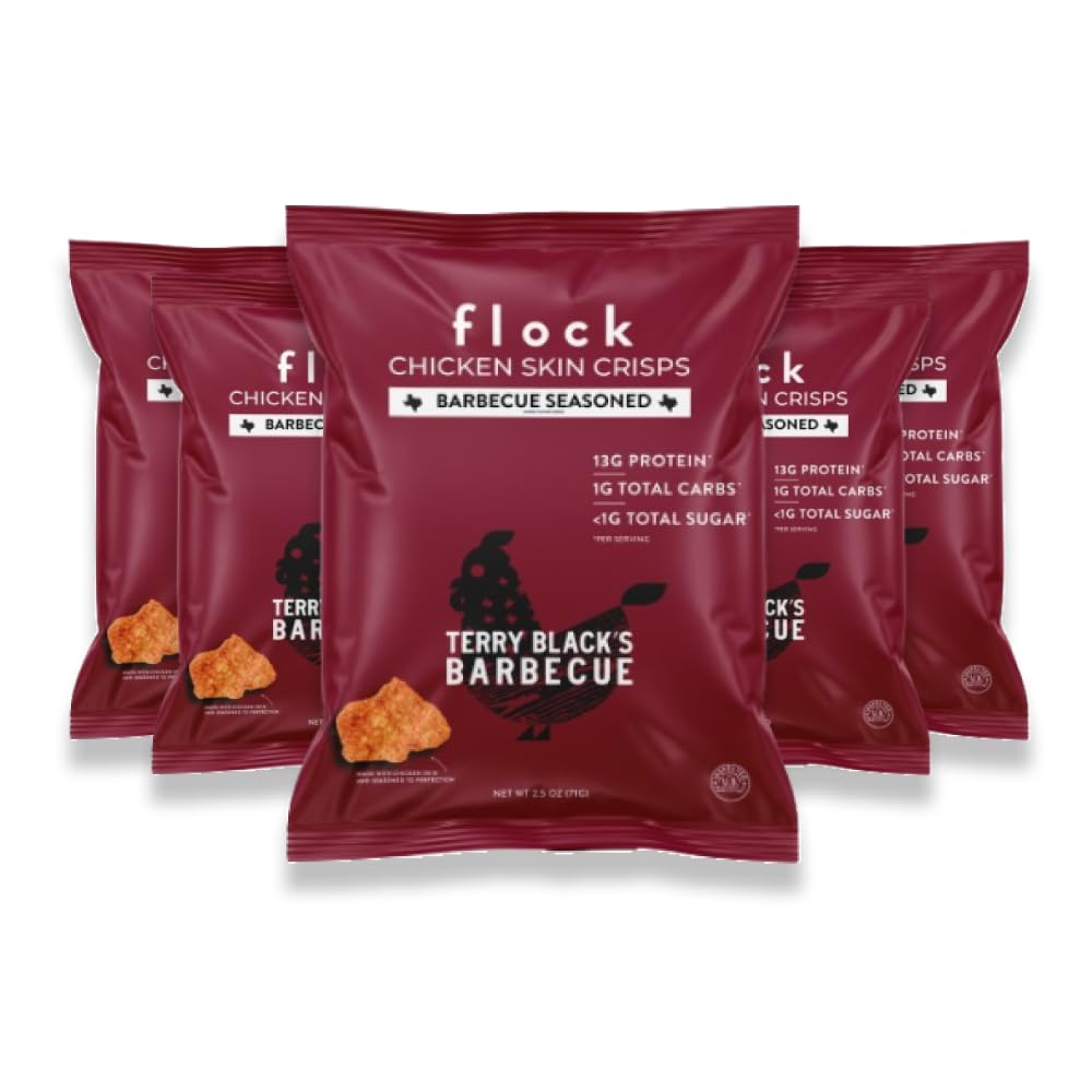 Flock Keto Chicken Skin Chips | Terry Black's BBQ Flavor | Low Carb, High Protein, Sugar Free, Gluten Free Fried Chicken Skins for People | (2.5oz) 4-Pack Crispy Flock Chips