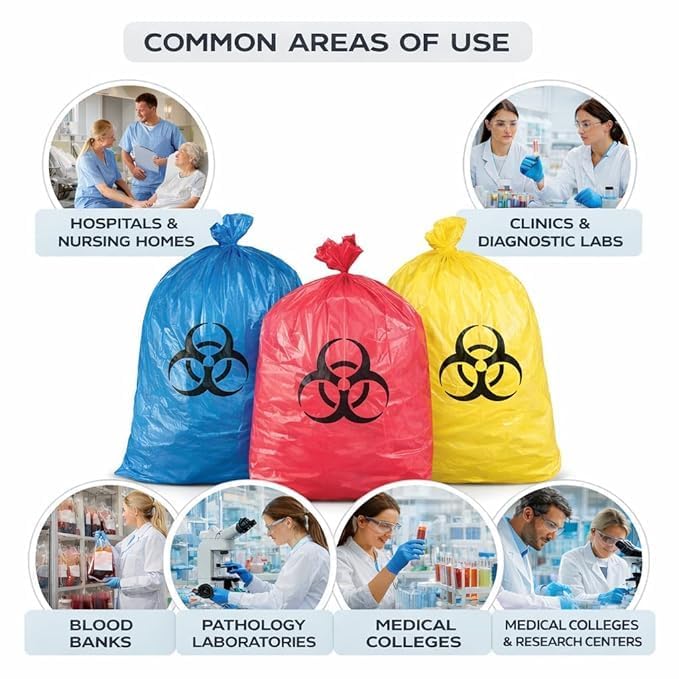 Image of Kausta Bio Hazard /Bio-Medical Waste Bag (21x24 Inch, Red-10, Blue-10, Yellow-10) Pack of 30 Bio‑Hazard /Biomedical Waste Bags Biohazard /Bio‑Medical Waste Bag leak-proof waste bags (Black)