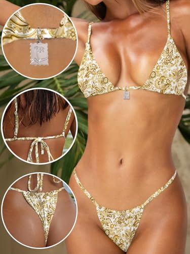 Image of OWICA Women's Sexy Triangle Bikini Sets Cheeky Thong Swimsuit Adjustable Spaghetti Straps Bathing Suit