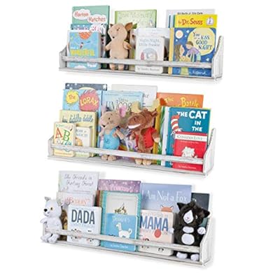 Nursery Décor Wall Shelves 3 Shelf Set Rustic Burnt White Long Crown Molding Floating Bookshelves for Baby and Kids Room, Book Organizer Storage Ledge, Display Holder for Toys, CDs, Baby Monitor