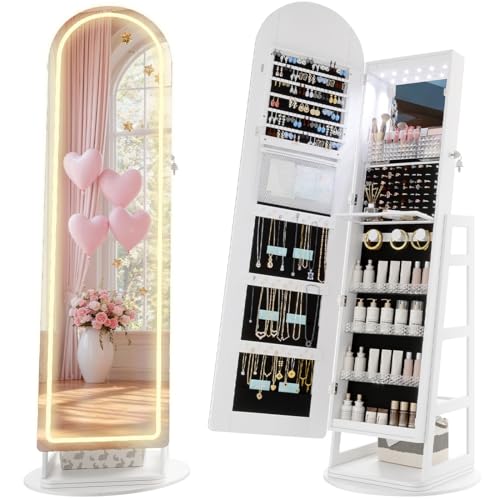LVSOMT LED Arqué Armoire à bijoux avec Miroir, Rotative à 360 Miroir Rangement bijoux avec éclairag, Bois Miroirs bijoux sur pied avec Verrouillable,...