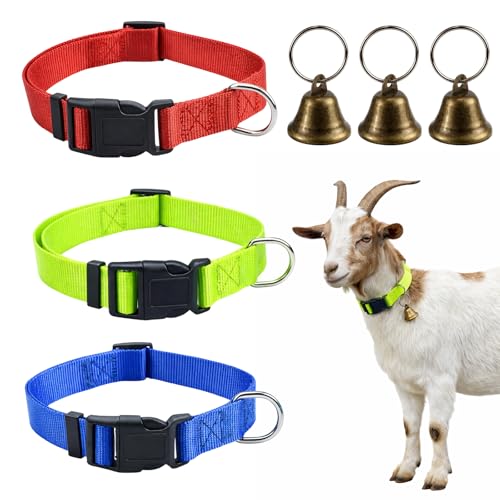 Goat Collars with Bells 3 Set of Nylon Animal Collars in Red Green Blue Colors Adjustable Farm Collar for Grazing Management and Animal Tracking Durable Livestock Accessories for Small Farms