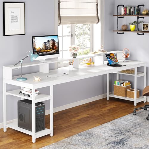 Image of Tribesigns Two Person Desk with Monitor Stand, 78.74 inch Long Double Computer Office Desk with Storage Shelves, Large Gaming Desk Study Writing Table Workstation for Home Office (White)