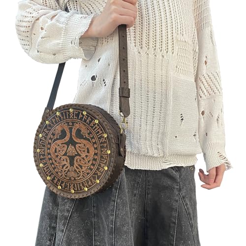 Image of HiiFeuer Viking Embossed Crossbody Bag, Nordic Faux Leather Belt Bag Satchel Bag, Medieval Portable Cosplay Shoulder Bag | Embossed