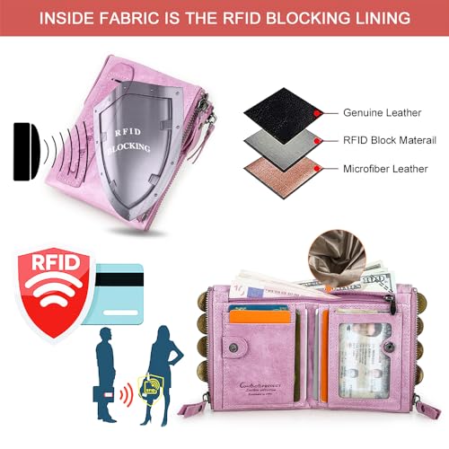 Image of CONTACTS Soft Leather Wallet for Women Small Bifold Coin Purse Double Zipper Card Holder with RFID Blocking (Pinkish Purple)