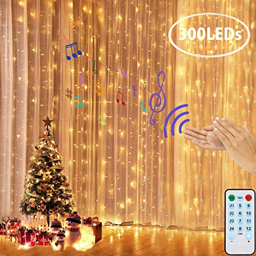 LED Curtain Lights, LEDGLE Window String Light 300 LED 3x3 USB Fairy String Lights, 4 Voice Control Modes and 8 Modes with Remote Control for Outdoor Indoor Wedding Party Garden Decoration, Warm White