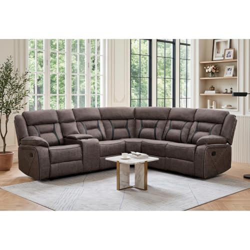 Image of EBELLO Manual Reclining Sectional Sofa for Living Room, L-Shaped Sectional Corner Reclining Sectional Couches Home Furniture Set with Center Console, Hidden Cup Holders and Storage, Grey