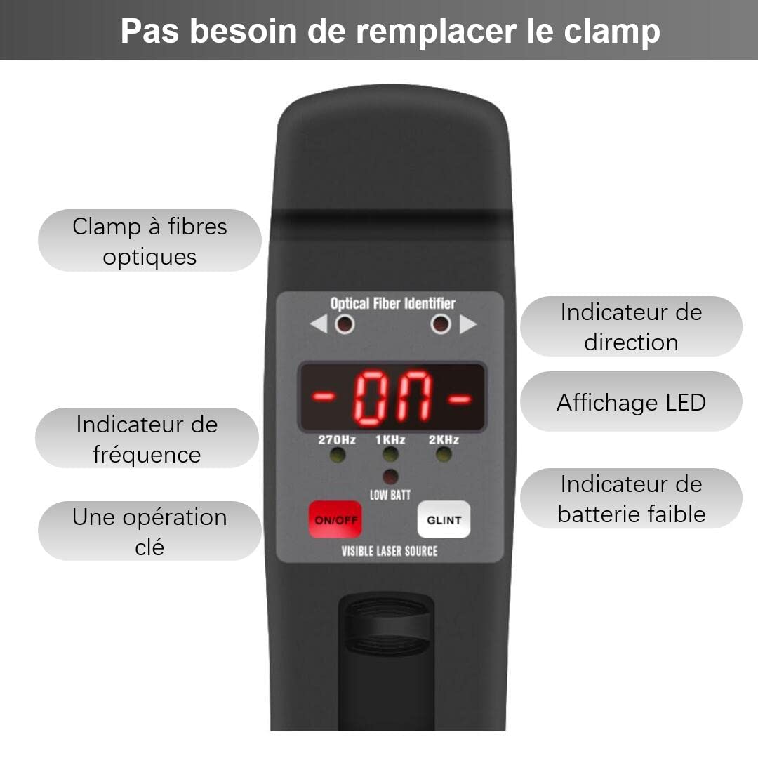 Identificateur de fibre optique avec localisateur visuel de défaut pour fibre de 0,25 mm 0,9 mm 3,0 mm, Live Optical Fiber Identifier 800-1700 nm une opération clé（TMOFI-401）