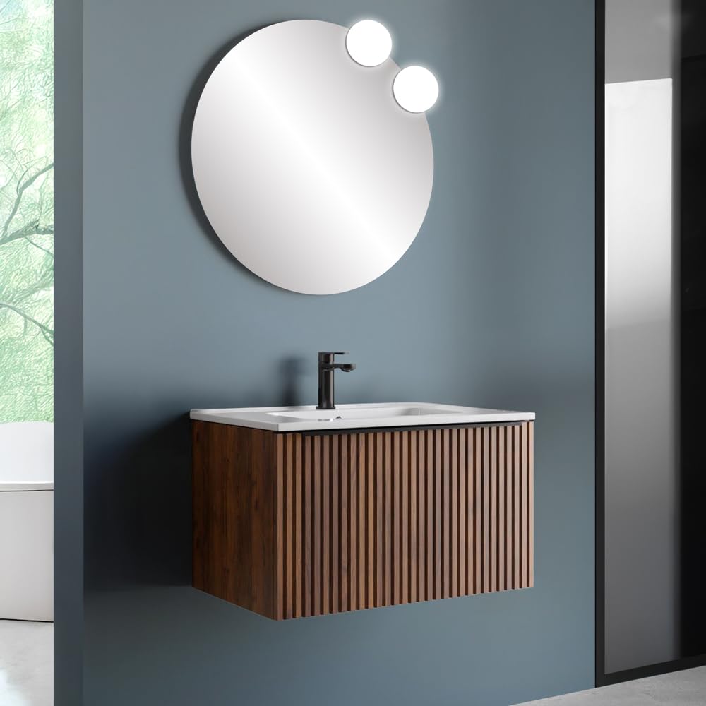 Mobile Da Bagno Sospeso 80 Cm Color Noce Maya Cannettato In MDF Rivestito in PVC Con Cassetto E Maniglia A Chiusura Rallentata E Lavabo In Ceramica Linea Nara