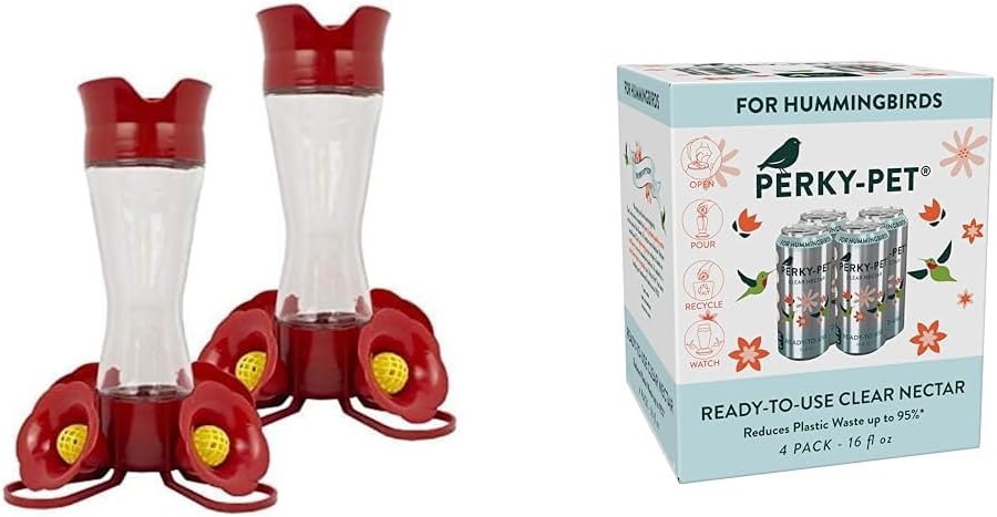 Perky-Pet 203CPBN-2 Pinch-Waist Glass Hummingbird Feeder with Perches,Built-in Ant Moat and Bee Guards-2 Count+Perky-Pet 522 Ready-to-Use Clear Hummingbird Nectar in 4Cans,16oz Recyclable Aluminum Can