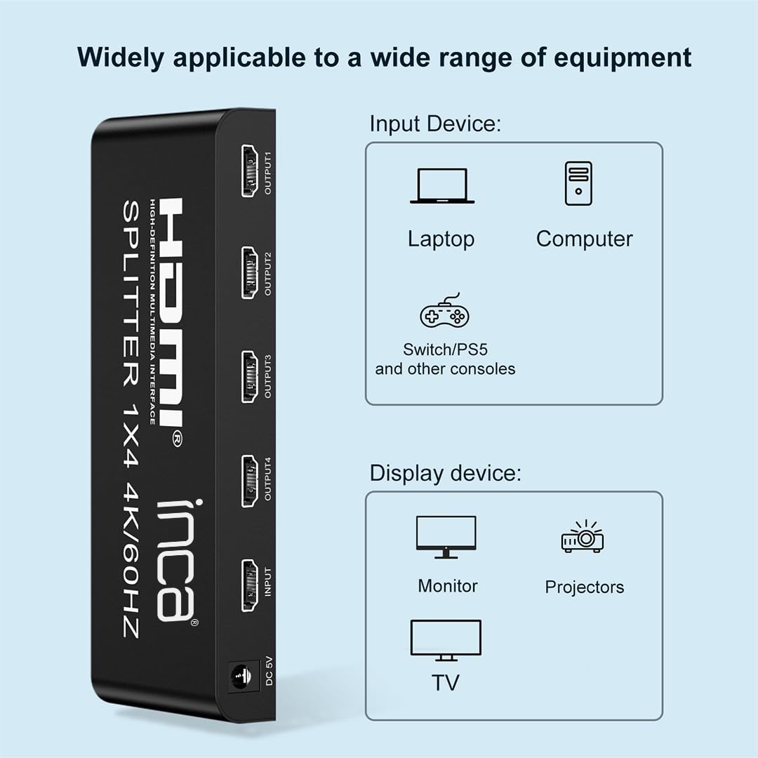 inca IHSK-460, HDMI Splitter, 1 In 4 Out 4K@60Hz, HDMI 2.0, HDCP 2.2, HDR & 3D, 1x4 Splitter, 4 Port für PS5, Xbox, Fire TV, Beamer