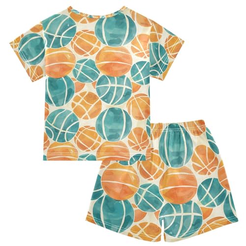 ALAZA Basketball Blue Yellow Pajamas Set Short Sleeve Cotton Sleepwear Summer Pjs 2 Piece 5-14Y2