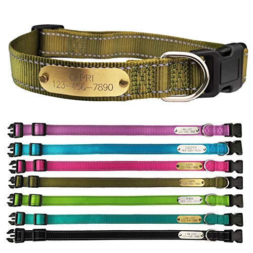 SINYUDUN Personalized Dog Collars with Customized ID Tags, Reflective Pet Collars for Dogs with Release Buckle, Adjustable Size Safety Nylon Collars for Dogs Boy & Girl (Medium-Olive Green)