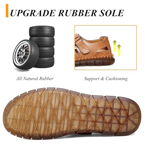 Moodeng Hiking Sandals for Men Outdoor Leather Loafers Non-Slip Sport Sandals Closed Toe Slip on Shoes Comfortable Boat Shoes Dark Brown Size 114
