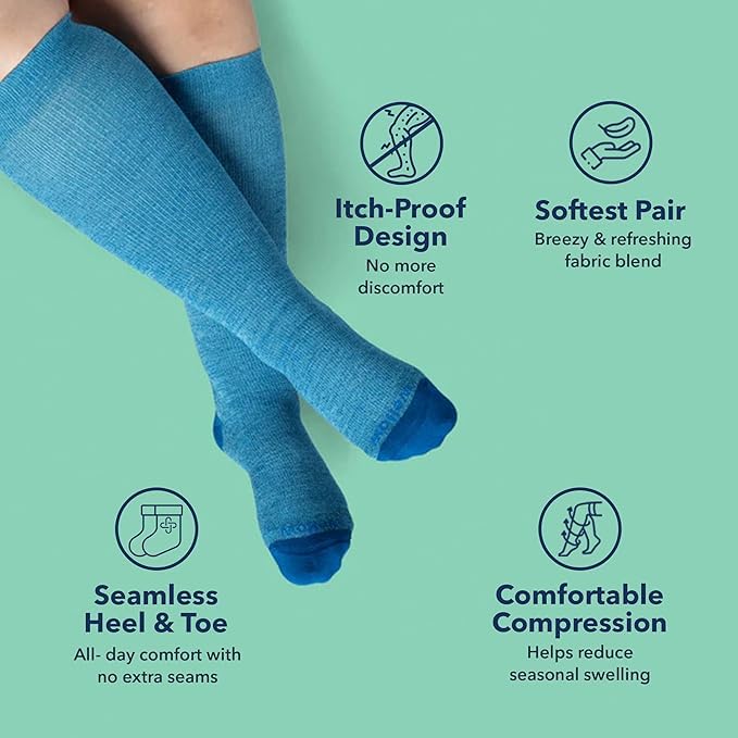 Image of Wellow Wide Calf Compression Socks for Men & Women, 18-25 mmHg Made with Viscose from Bamboo, Nurses & Pregnancy Support, Relieves Swelling, Knee High, XLW, Cobalt Dot Wide Calf