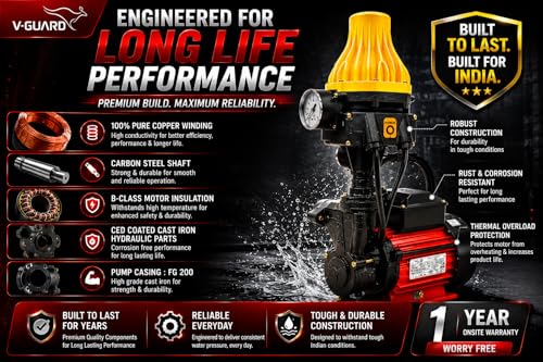 Image of V Guard 1hp Automatic Pressure Booster Pump 100% COPPER WINDING Superior Durability for Household (Upto 3 Bathrooms), 1 Year ON-SITE Warranty, Multicolor