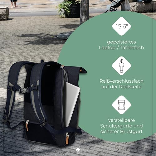 travelite Handgepäck Rucksack, Laptop Rucksack 15,6 Zoll, BASICS, Reiserucksack Rolltop Funktion, 60 cm, 35 Liter