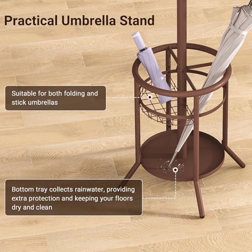 ELYKEN Coat Rack Freestanding, Metal Coat Rack Stand with Umbrella Holder, Modern Coat Tree with 12 Hooks, Floor Standing Corner Hall Tree for Entryway Living Room Bedroom Office, Brown