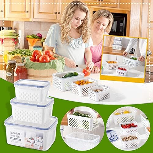 Vegetable Fruit Food Storage Containers for Fridge, Draining Fresh Containers BPA-Free,3 in 1 Produce Saver Storage Containers Large Organizer Bins with Lid & Colander for Salad Meat Storage