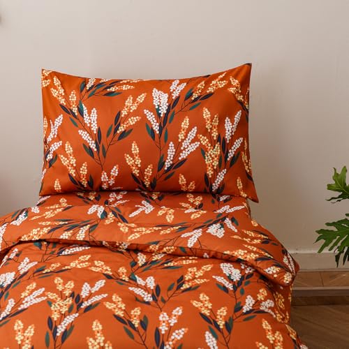 Image of Luxlovery Toddler Comforter Set Orange Floral Botanical Kids Girls Leaves Bedding Set Bed Set for Dorm 4 Pieces (1 Comforter, 1 Flat Sheet, 1 Fitted Sheet, 1 Pillowcase)