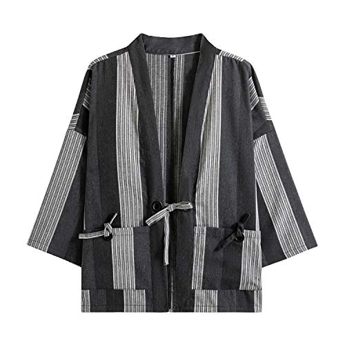 Image of Mens Japanese Kimono Cardigan Cotton Linen Haori Fashion 3 /4 Sleeve Yukata | Shawl Collar Kimono Jacket Robe Embroidery Patchwork Happi Coat Tie Pockets Lightweight Outerwear Daily Casual All Seasons