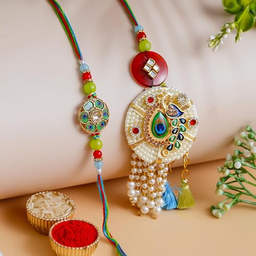 Image of Bhai Bhabhi Rakhi Set - Peacock Designer Rakhi with Stone & Pearl Work Lumba with Tassel for Bhabhi | Raksha Bandhan Gift