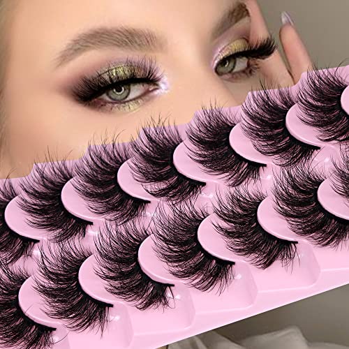 JIMIRE Faux Mink Lashes Fluffy Wispy Curly 18mm 5D Dramatic Volume Faux Mink Lashes Fluffy Crossed Cat Eye Fake Lashes 7 Pairs Pack