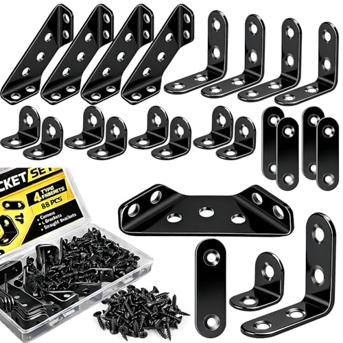 TEOYNGU 88PCS L Brackets for Shelves,4 Sizes Angle Corner Braces Metal L Bracket Heavy Duty for Wood,Stainless Steel Furniture Corner Connector, Corner Brackets for Wood (0.97\",1.55\",2.44\")