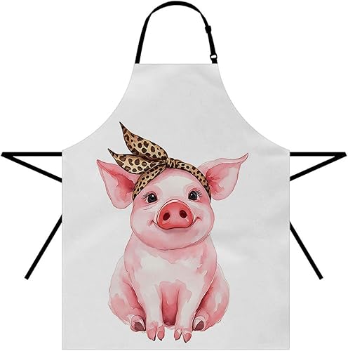 Moslion Delantal de cerdo de 31 x 27 pulgadas, divertido y lindo cerdito con pañuelo de leopardo, cocina, cocinera, camarera, babero con cuello