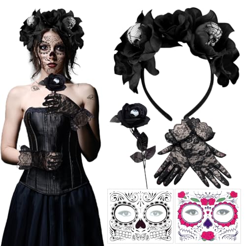 Diadema del Día de Muertos, Diadema Halloween Mujer con Tatuaje Cara Temporales, Guantes de Encaje y Flor Falsa, Diadema de Corona de Flores Mexicanas, Diadema Flores Mexicana para Carnaval Halloween