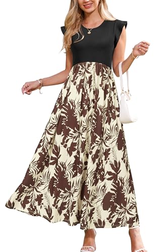 Image of OUGES Women's Maternity Dress Summer Ruffle Sleeve Patchwork Casual Flowy Maxi Dresses with Pockets