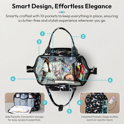 Image of StarAndDaisy Baby Bag for Mother Travel /Diaper Bag for Mothers for Travel with Changing Sheet /Diaper Bags for Mom with Multiple Pockets with 3 Double Insulated Bottle Holders (Black)
