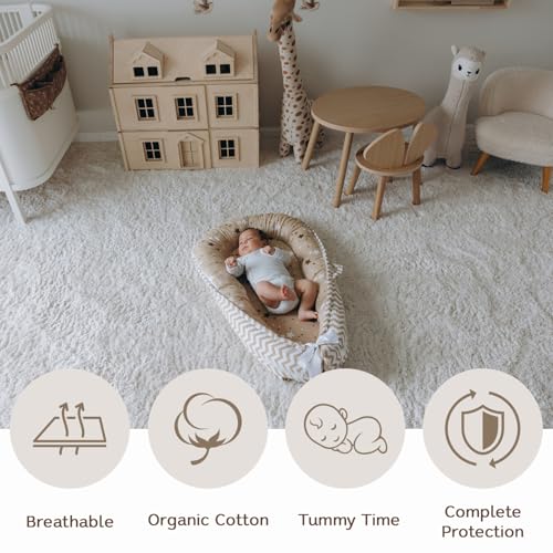 Image of Aila+Aiden Baby Lounger | Organic Cotton Infant Lounger | Reversible, Adjustable & Portable Floor Lounger | Supervised Use | Soft, Breathable, Washable Cover- Star Collection (Tan)