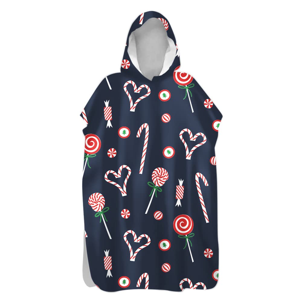 Treer Poncho Changing Robe Hooded, Dessert Cake candy Print Large Beach Towel Quick Dry Light Weight Blanket Towel with Hood for Surfing Swimming Wetsuit Adult Woman & Man (christmas cane,60x110cm)