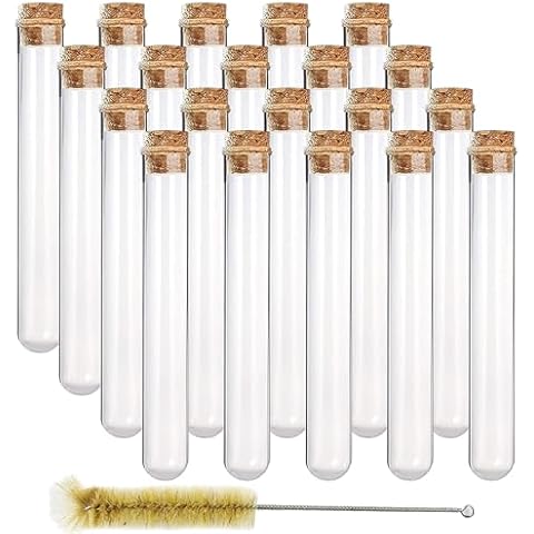DEPEPE 20pcs 35ml Glass Test Tubes 20 x 150mm with Cork Stoppers and Brush for Bath Salt, Candy Storage, Scientific Experiments and Plant Propagation Cover