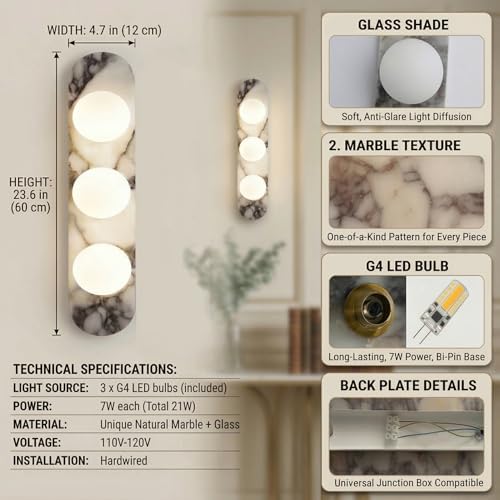 Image of Natural Marble Wall Sconces, 3-Light Alabaster Light, Hardwired Wall Light Fixtures, Modern Wall Mount Wall Lights for Dining Room Stairs Bedroom